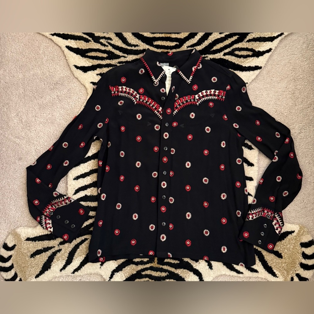 RRL Ralph Lauren Western Embroidered Georgette Blouse Black Red 2 - Picture 3 of 12